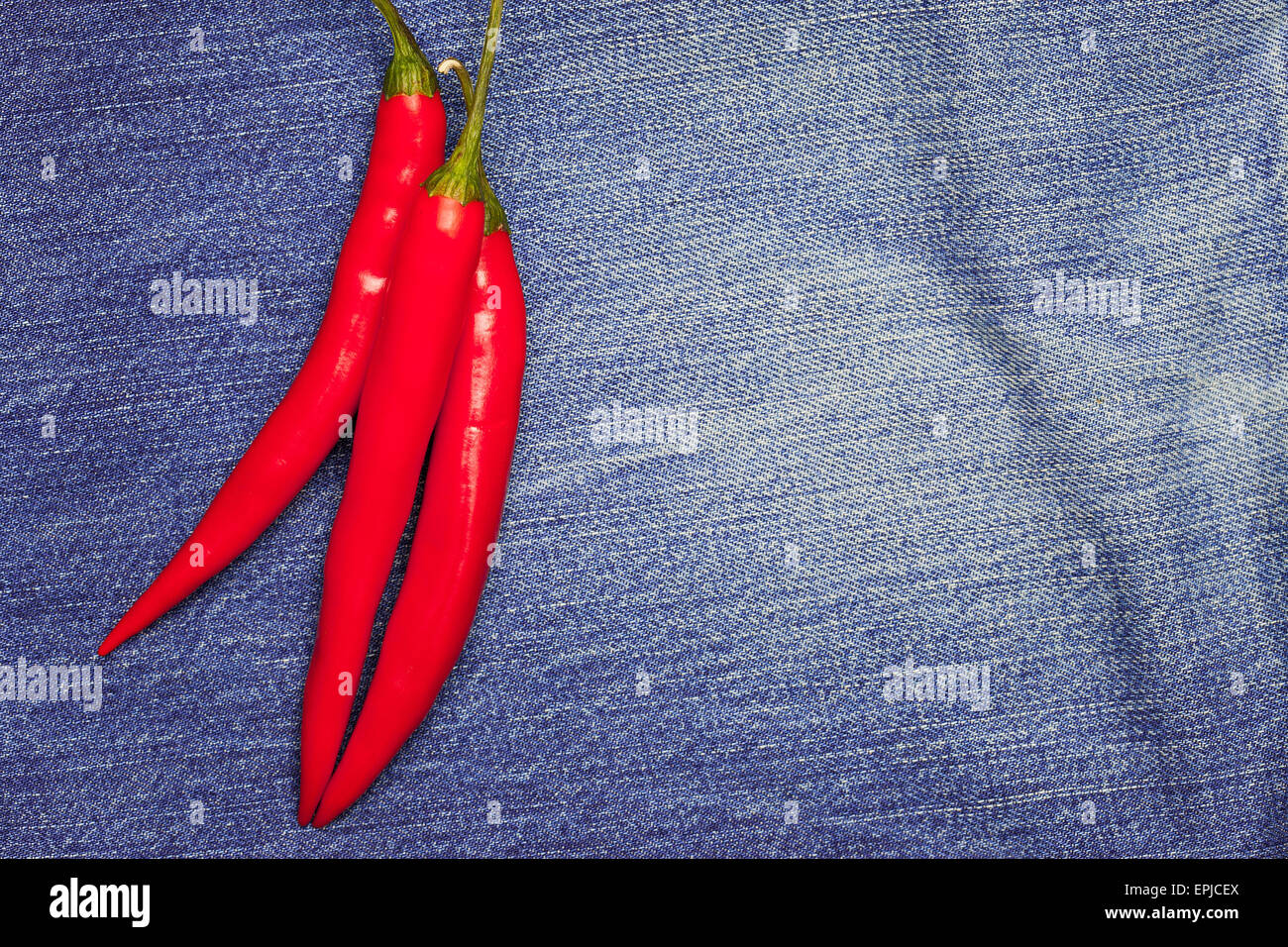 hot Chili peppers auf Jeans Hintergrund Stockfoto