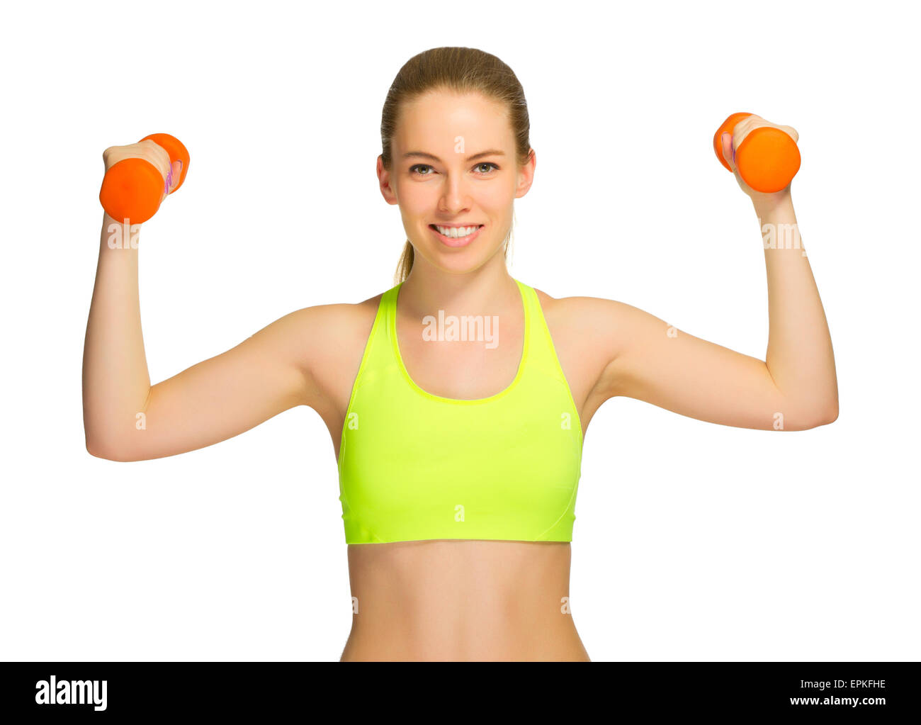 Sportliche Mädchen mit Hanteln isoliert Stockfoto