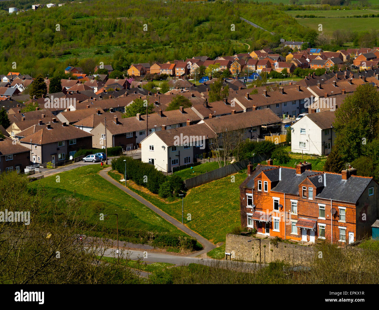Blick hinunter auf Häuser in Bolsover ehemalige Bergbaustadt in North East Derbyshire England UK Stockfoto