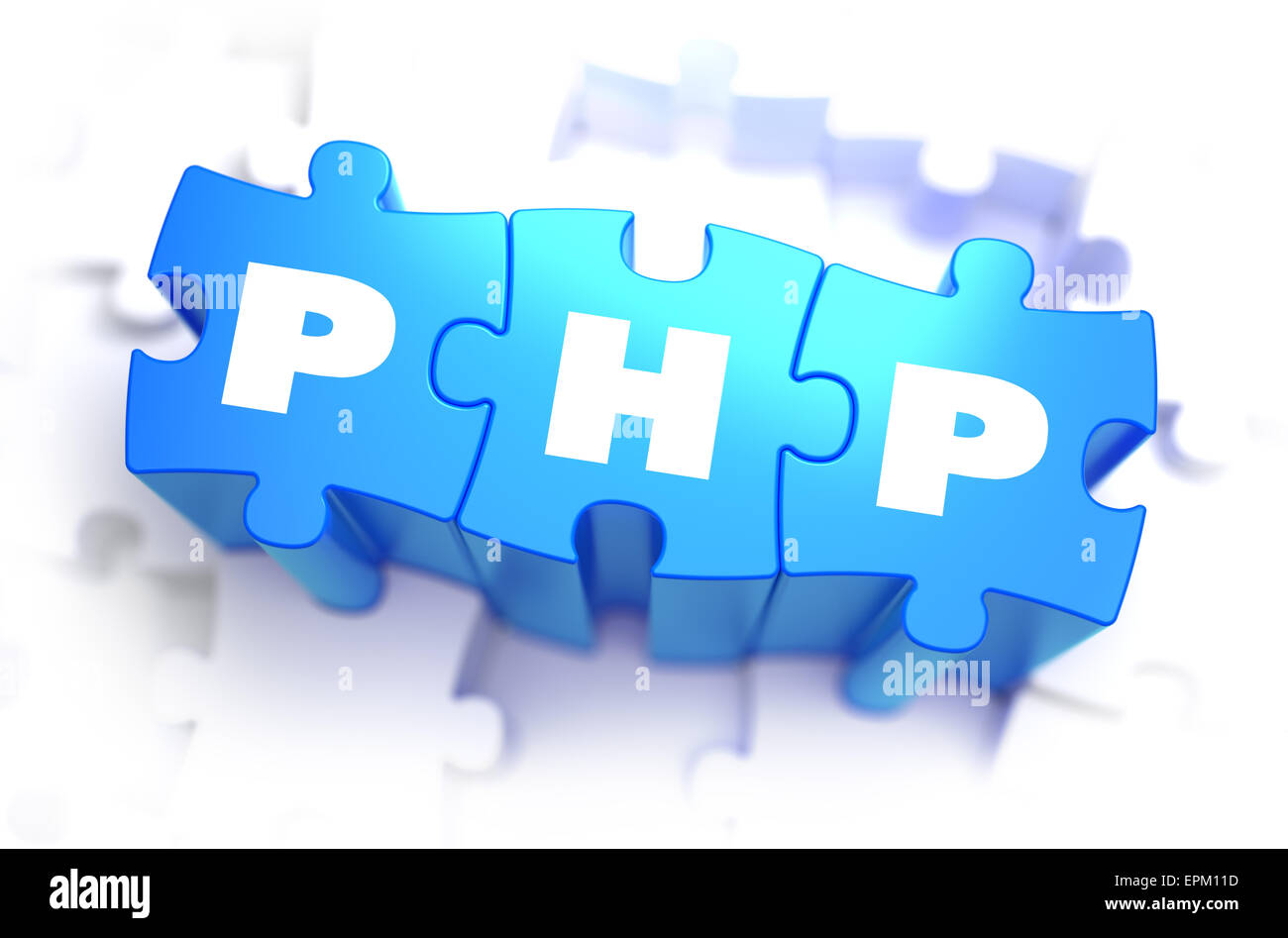PHP - Hypertext-Präprozessor - Text auf blauen Rätsel auf weißem Hintergrund. 3D Render. Stockfoto