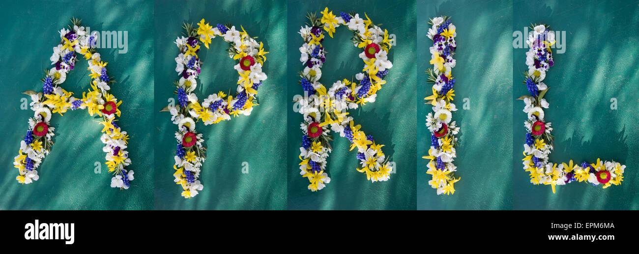 Wort "April" aus verschiedenen Blumen gebaut Stockfoto