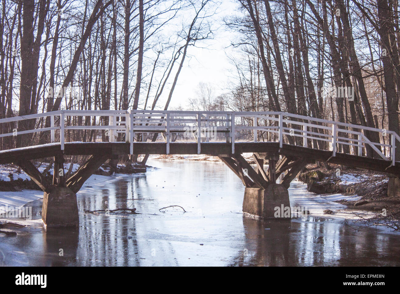 Eine Brücke im Wald, im Winter in der Nähe der Beginn des Frühlings Stockfoto