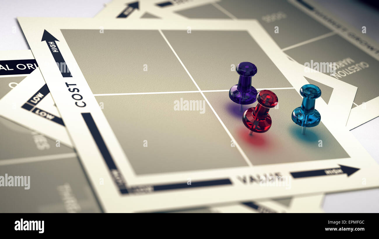 Marketing-Kosten und den Wert Matrix mit Pins und Unschärfe-Effekt. Konzept des ROI oder hochwertiges Produkt. Stockfoto