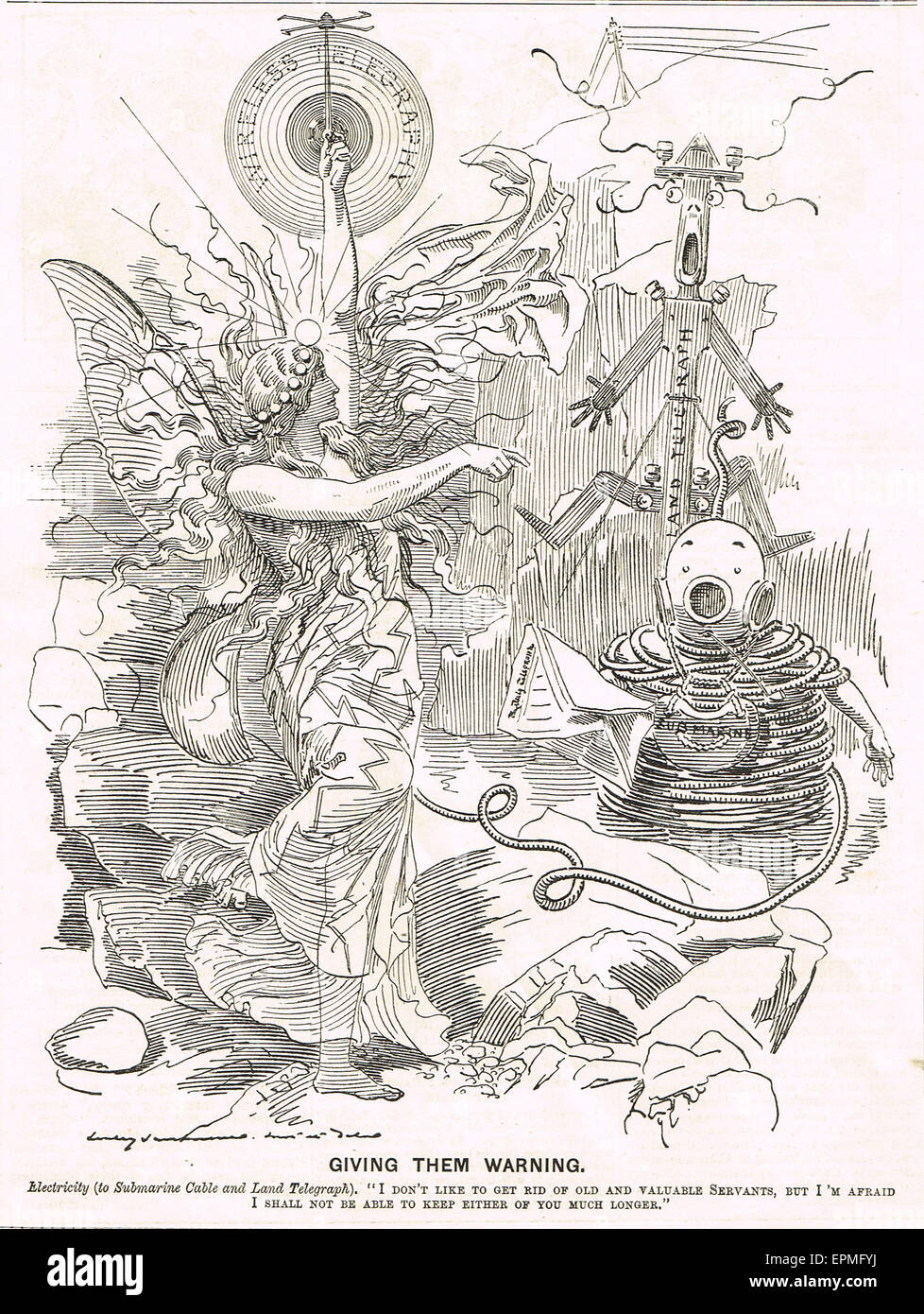 Punch-Karikatur-1899 drahtlose Telegraphie Stockfoto