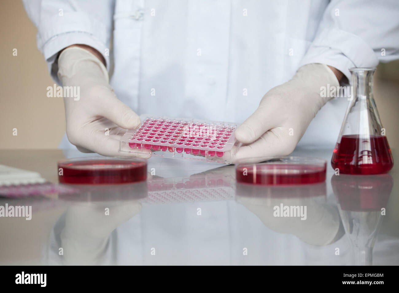 Wissenschaftler mit Flüssigkeit im Reagenzglas Stockfoto