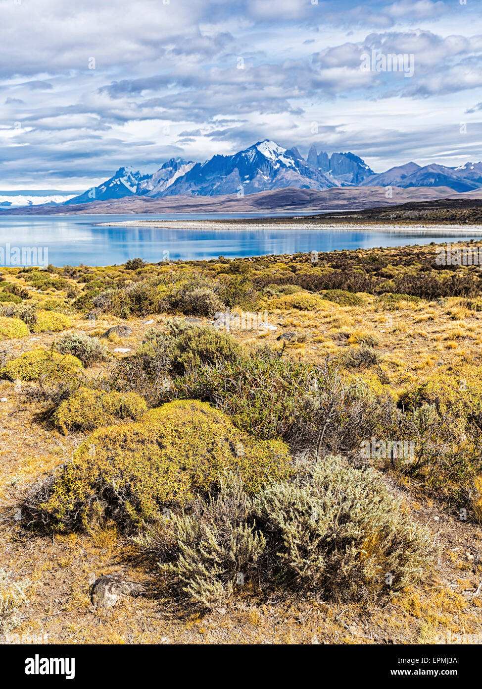 Chile, Cordillera del Paine, Blick auf Sarmiento See und Torres del Paine im Hintergrund Stockfoto