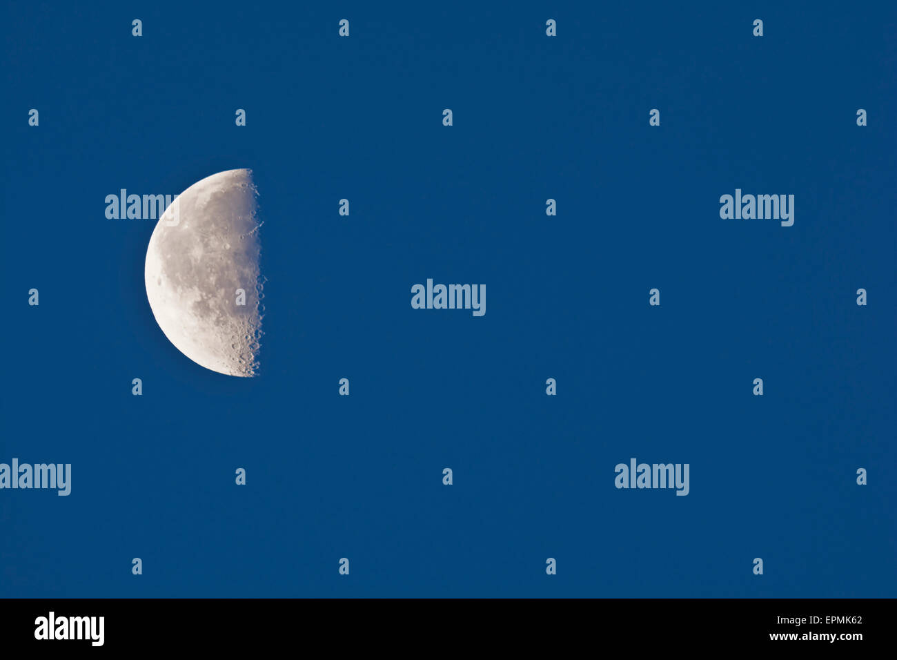 Halbmond mit Mondkrater am Morgen Stockfoto