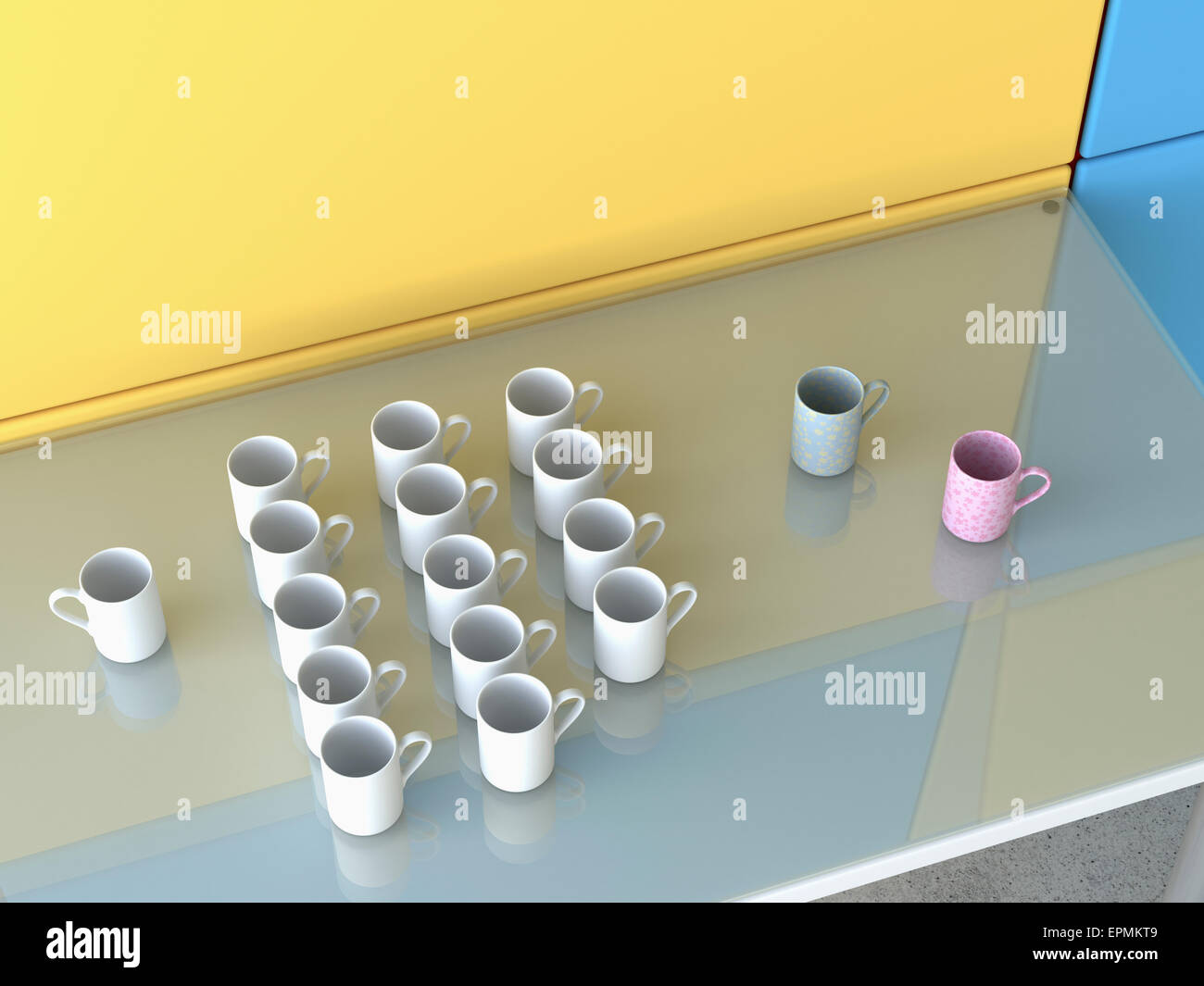 Verschiedene Kaffeetassen auf Glastisch, 3D Rendering Stockfoto