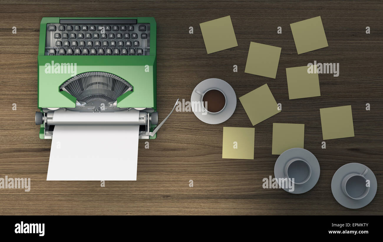 Schreibmaschine, Kaffeetassen und Klebstoff Notizen auf Tischplatte, 3D Rendering Stockfoto