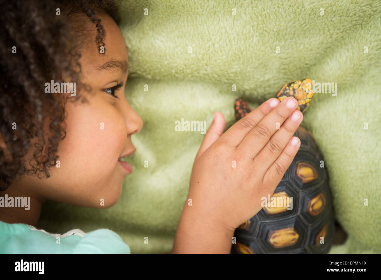 Ein junges Mädchen eng mit Blick auf eine Schildkröte. Stockfoto