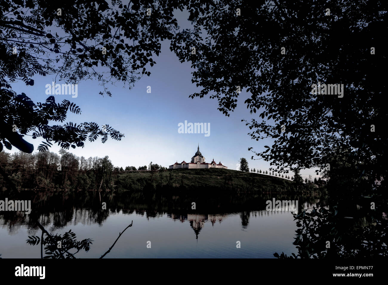 Die Wallfahrtskirche des heiligen Johannes von Nepomuk, Zelena Hora Zdar Moravi UNESCO-Weltkulturerbe Tschechische Republik Landschaft tschechische Landschaft Sonnenuntergang Scener Stockfoto