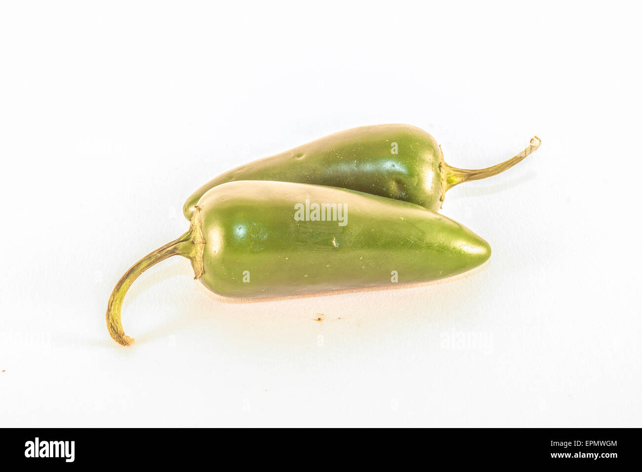 Zwei isolierte grüne Jalapenos, auf weißem Hintergrund Stockfoto