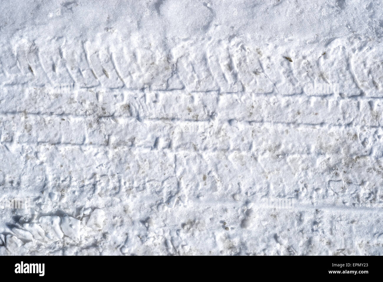 Eine Nahaufnahme des Reifens verfolgt in hart gepresstem Schnee. Stockfoto