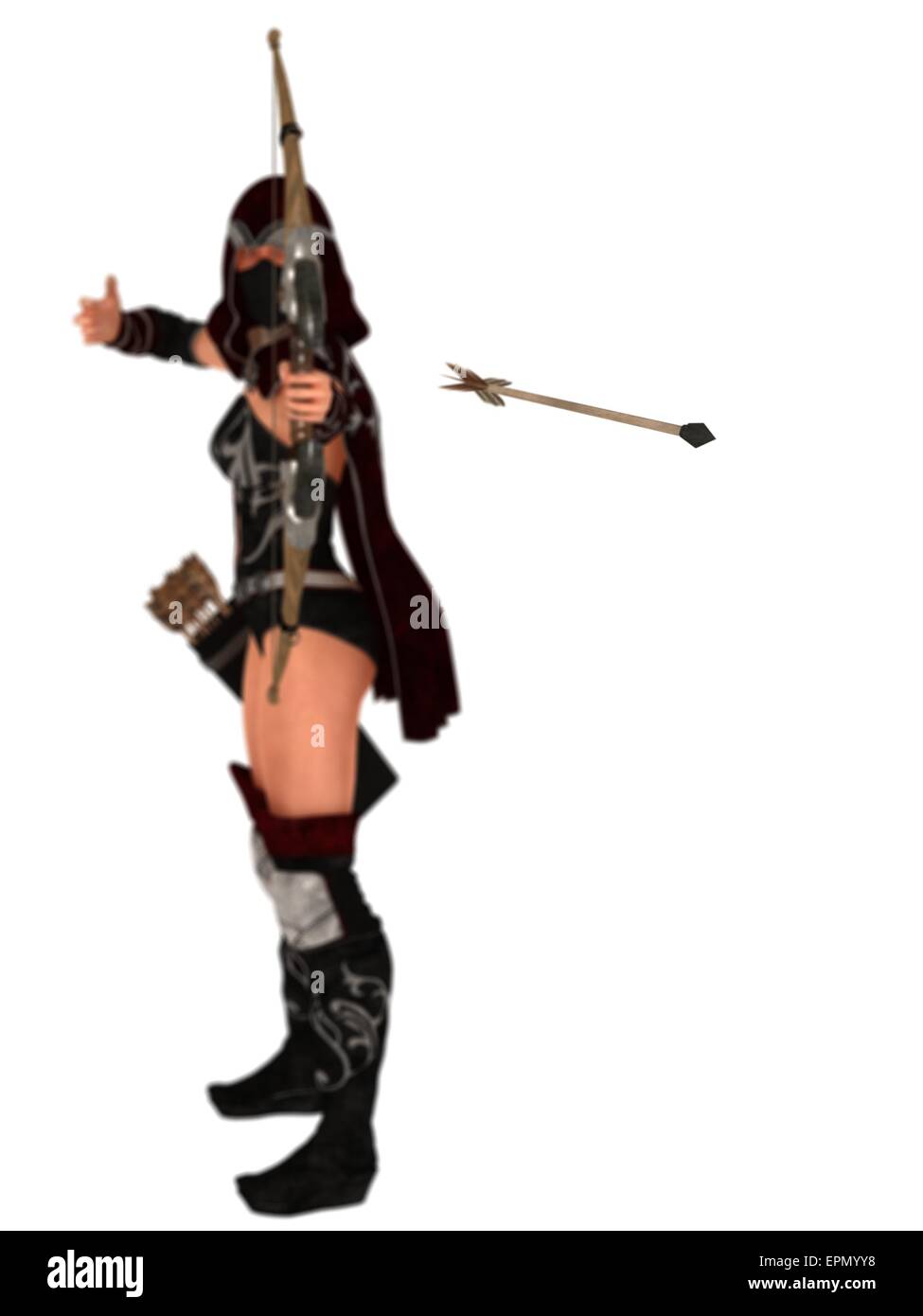 Mit Kapuze und maskierten Fantasy female Assassin Archer lässt ihr Pfeil locker shallow DOF mit Fokus auf den Pfeil Stockfoto