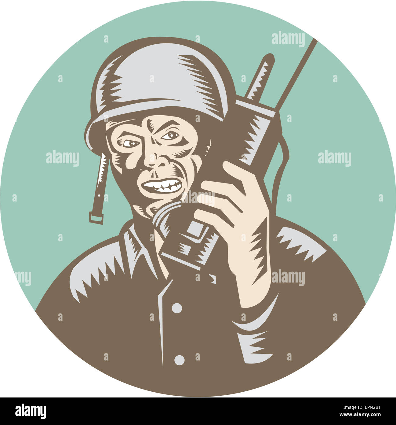 Beispiel für ein zweiter Weltkrieg amerikanischer Soldat Soldat am Feld Radio Walkie-talkie von vorne eingestellt im inneren Kreis auf isolierte Hintergrund eingerichtet im Stil der Retro-Holzschnitt betrachtet sprechen. Stockfoto