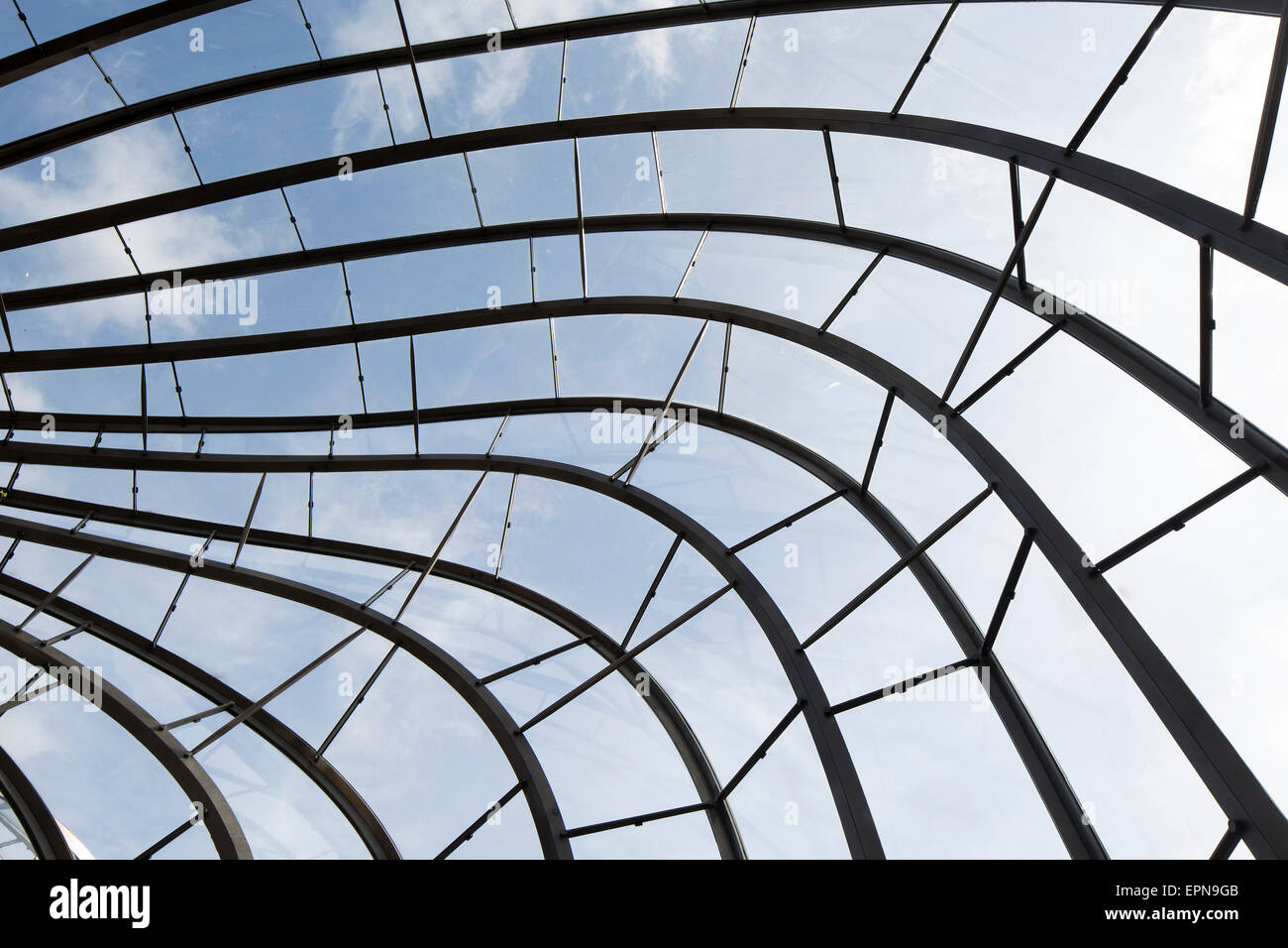 Detail des Glashauses. Bombay Sapphire Brennerei, Laverstoke, Vereinigtes Königreich. Architekt: Heatherwick Studio, 2014. Stockfoto