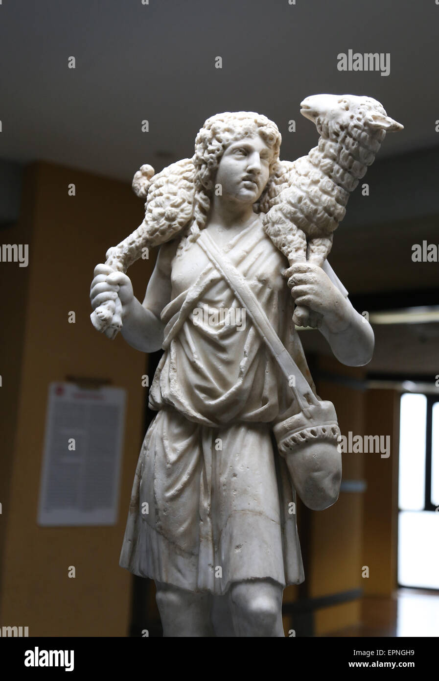 Frühe Christen. Statue des guten Hirten, tragen ein Lamm. 3. Jahrhundert N.Chr.. Von der Katakombe der Domitilla.Vatican Museen. Stockfoto