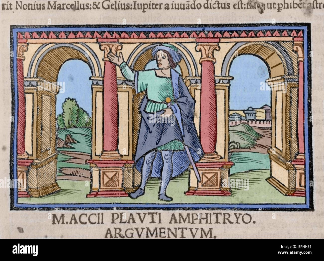 Titus Maccius Plautus (250-184). Lateinischer Dramatiker. Der Host (Amphitryo). Gravur. Act I. Ausgabe von 1518. Farbige. Stockfoto