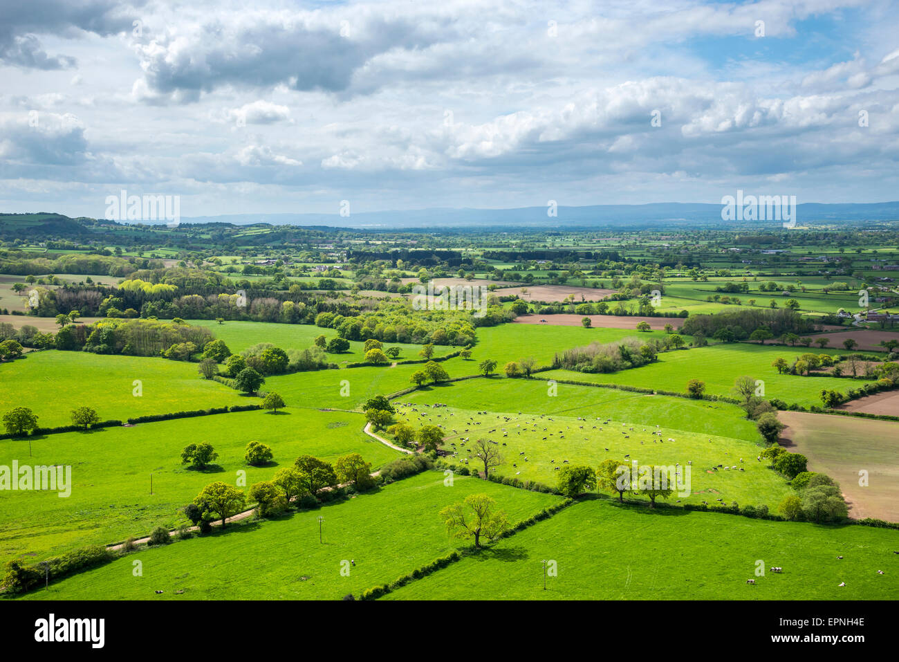 Ansicht des Cheshire Plain von Beeston Castle, England. Schöne englische Landschaft im Frühsommer. Stockfoto