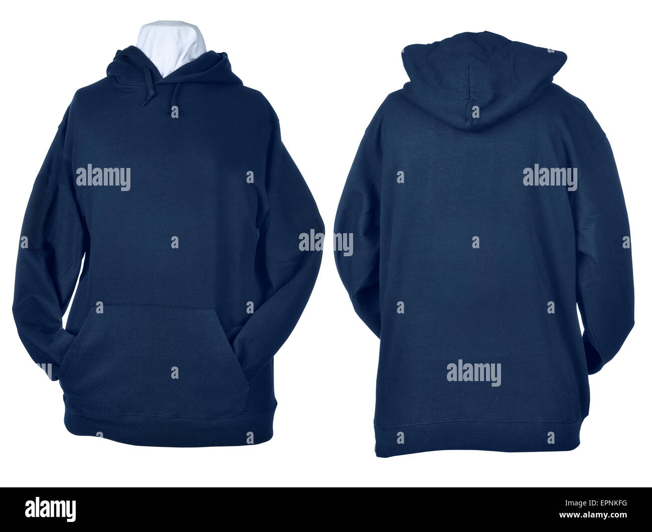 Zwei Seiten der faltige leeren blauen Hemden, langärmliges Hemd, Golf-Shirt, V-Ausschnitt und Hoodie. Clipping-Pfad enthalten. Stockfoto