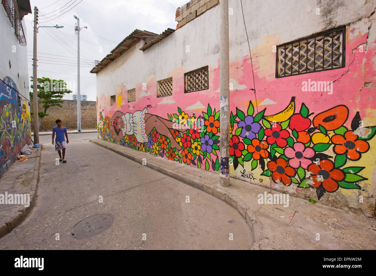 Streetart (Graffiti) im Bereich Getsemani von Cartagena, Kolumbien, Südamerika Stockfoto