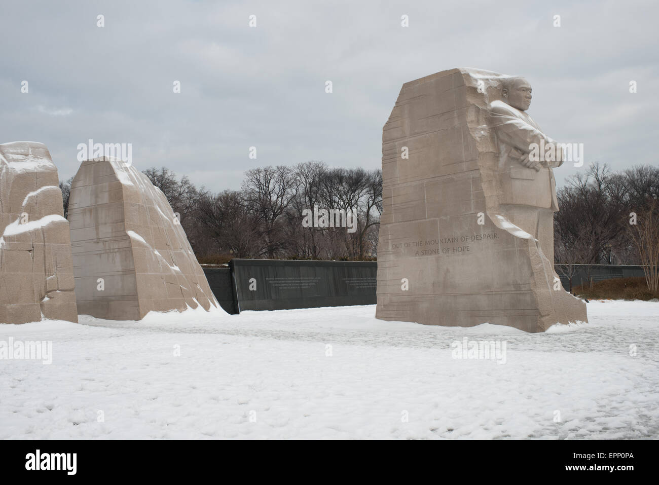 Das MLK Denkmal nach einem Winter-Schnee-Sturm. Stockfoto