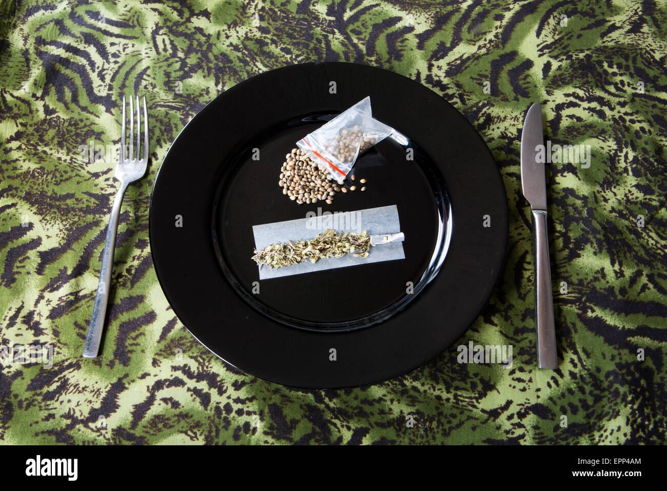 Humoristische Darstellung eines Hanfs inspiriert Mahlzeit mit Hanfsamen, Oregano, Rizlas. Stockfoto