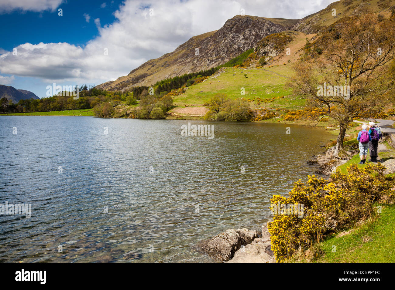 Zwei ältere Wanderer bewundern Sie die Aussicht über Buttermere, Lake District, Cumbria Stockfoto