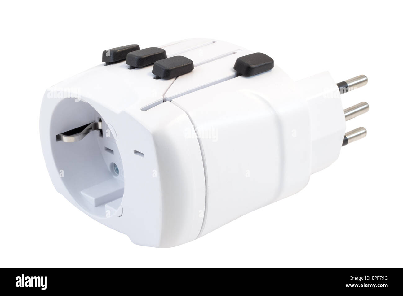 Nahaufnahme von einem universal Reiseadapter, isoliert auf weißem Hintergrund Stockfoto