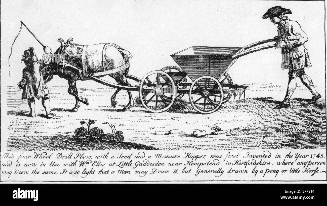 VIER-Rad Bohrer Pflügen von Trowell The Farmer-Instruktor, veröffentlicht im Jahre 1747. Stockfoto