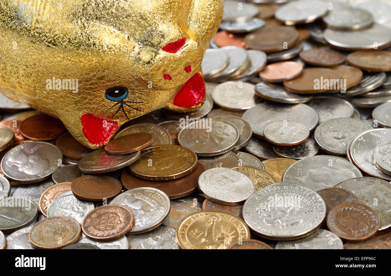 Nahaufnahme eines auf dem Kopf stehend Sparschwein, konzentrieren sich auf Augen und Nase, mit Kleingeld um ihn herum. Finanzkonzept der harten Zeiten. Stockfoto