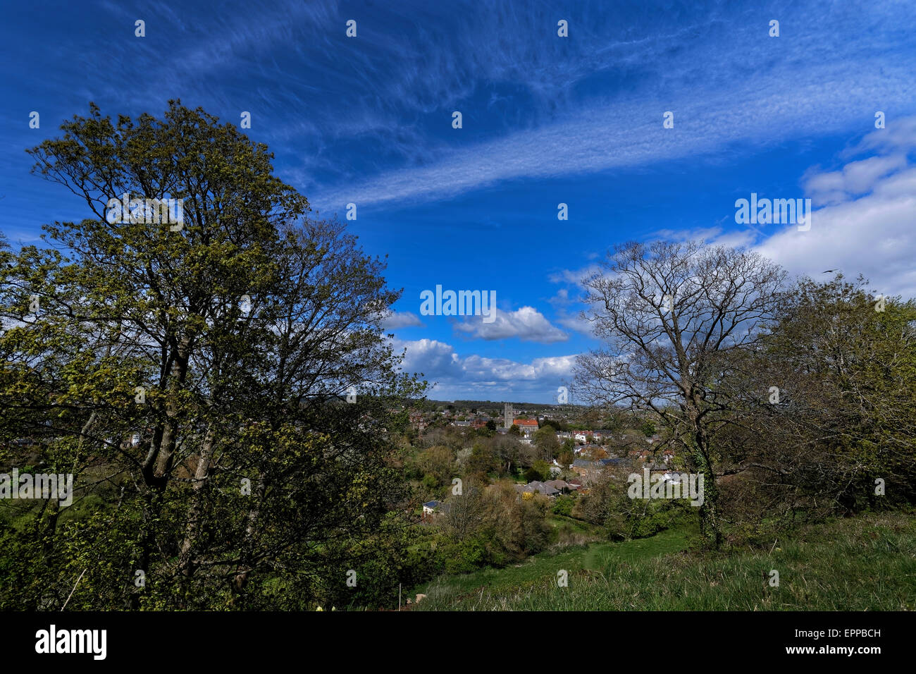 Clatterford, Isle Of Wight hat eine Reihe von Häusern und Hütten und der Blick in Richtung Carisbrooke Castle wurde entworfen von Turner. Stockfoto