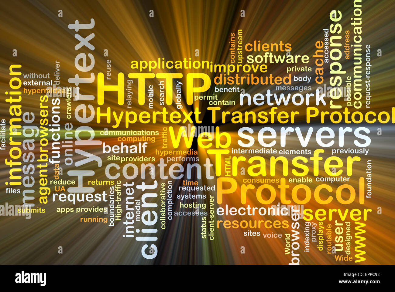 Hintergrund-Konzept Wordcloud Illustration des Hypertext Transfer Protokoll HTTP gleißenden Licht Stockfoto