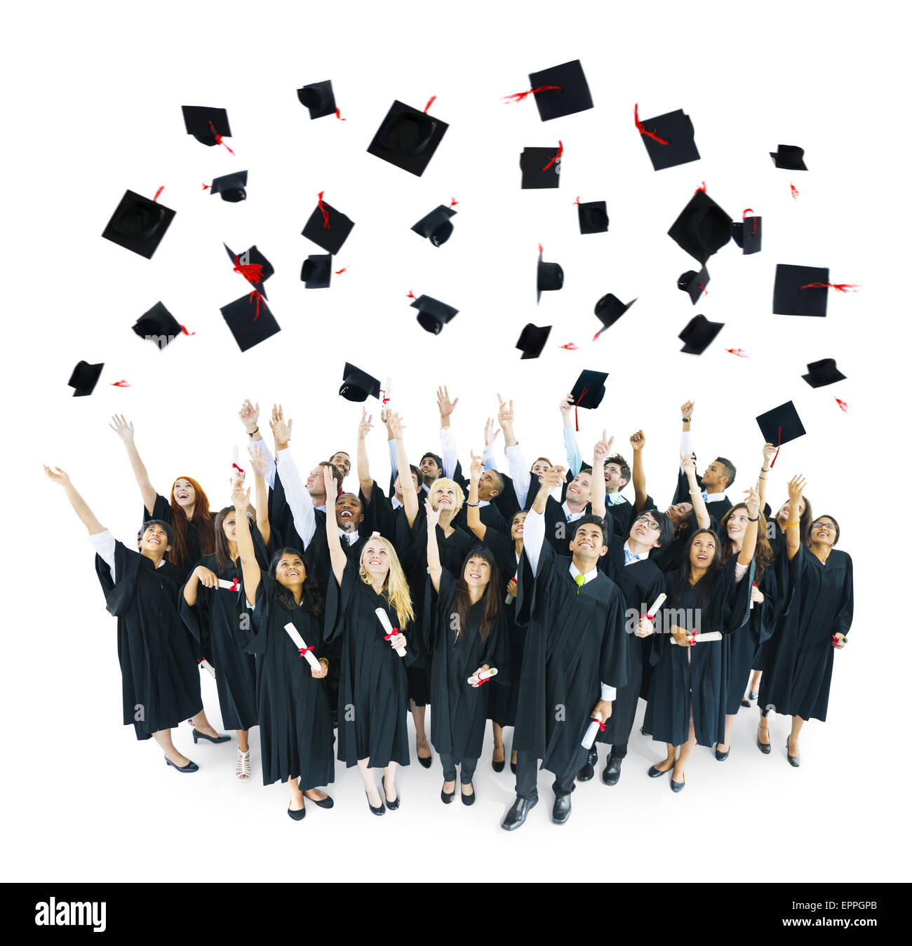 Graduation Caps in die Luft geworfen Stockfoto