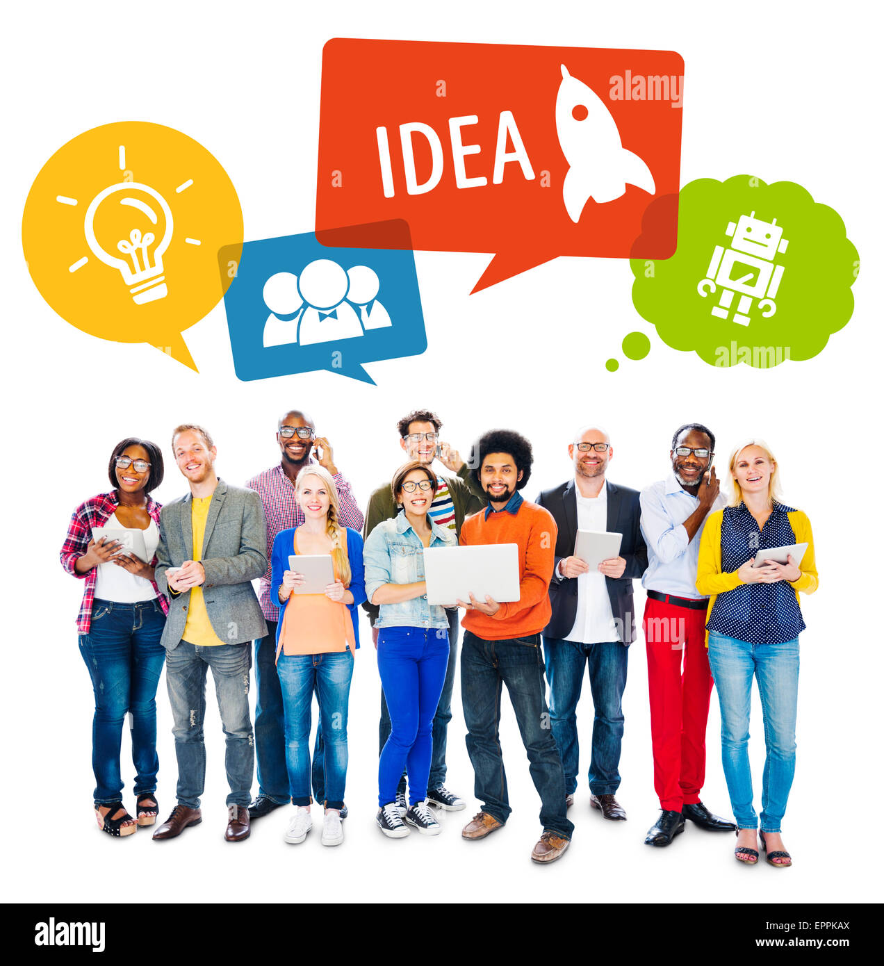 Unterschiedliche Menschen mit modernen Technologien und Idee Konzept Stockfoto
