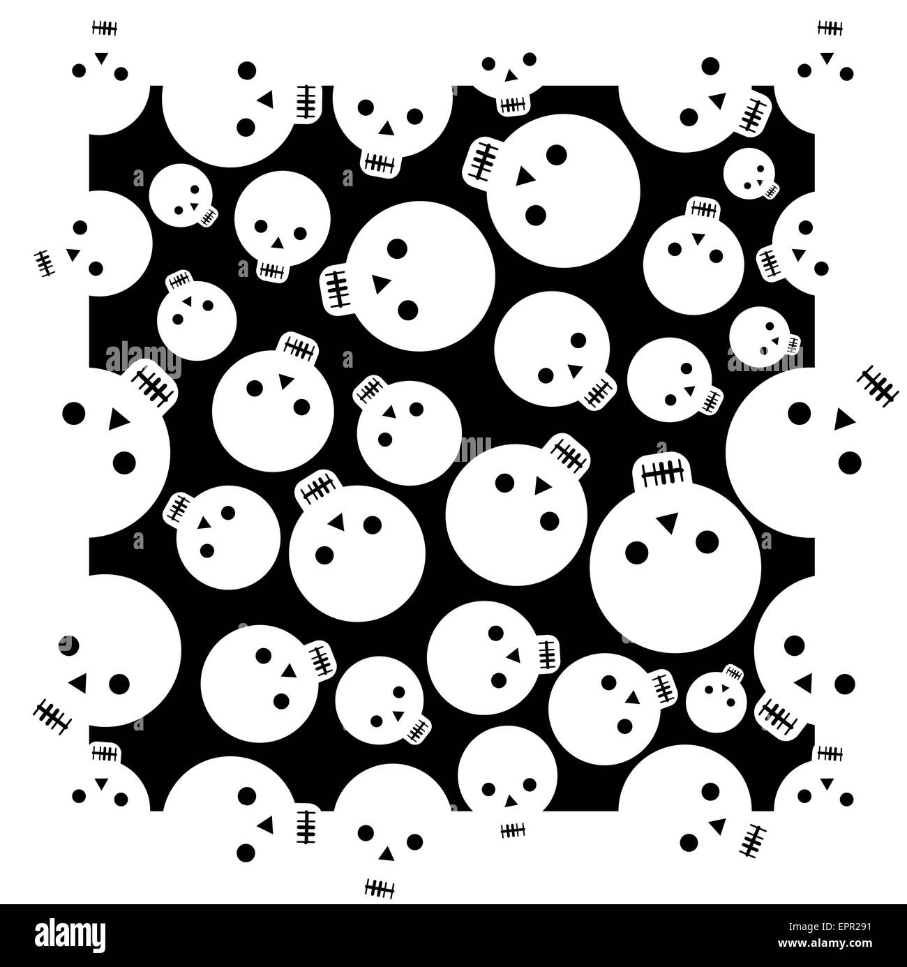 Weißer Schädel auf schwarzem Hintergrund nahtlose Vektormuster Cartoon. Stock Vektor