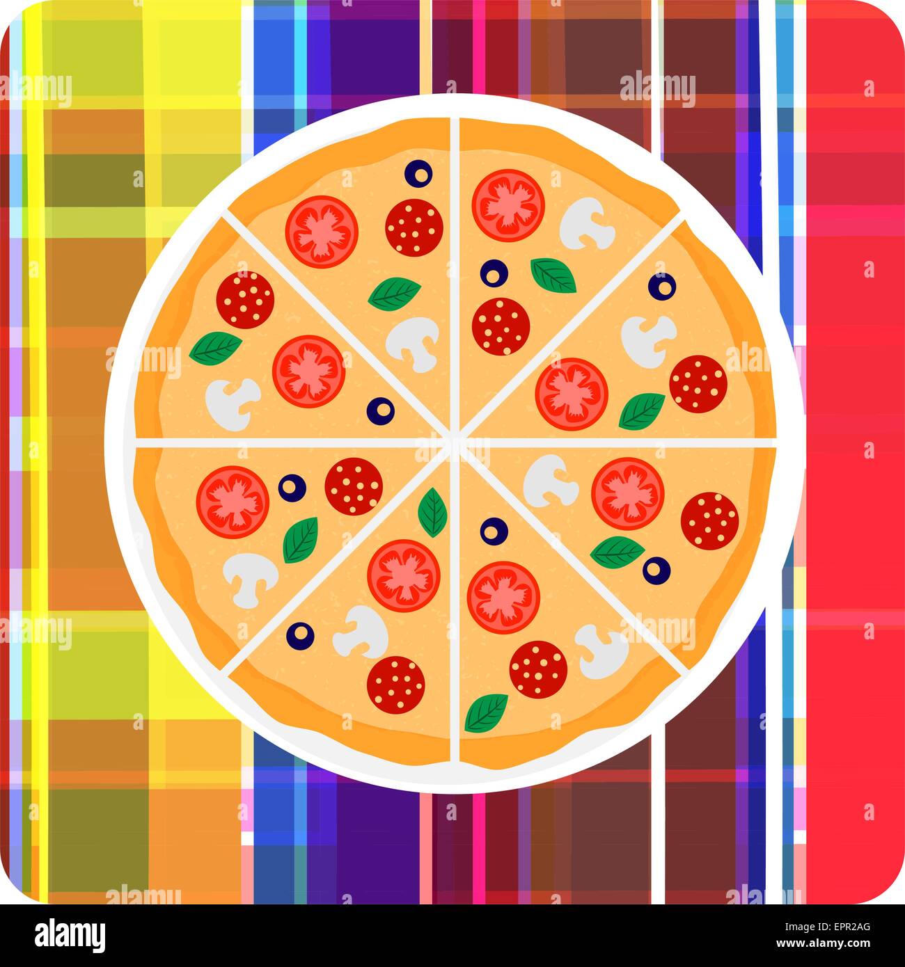 Leckere italienische Pizza mit Tomaten, Wurst oder Salami, Oliven und Pilze auf das Plaid. Clip Art Vektorgrafik. Design-eleme Stock Vektor