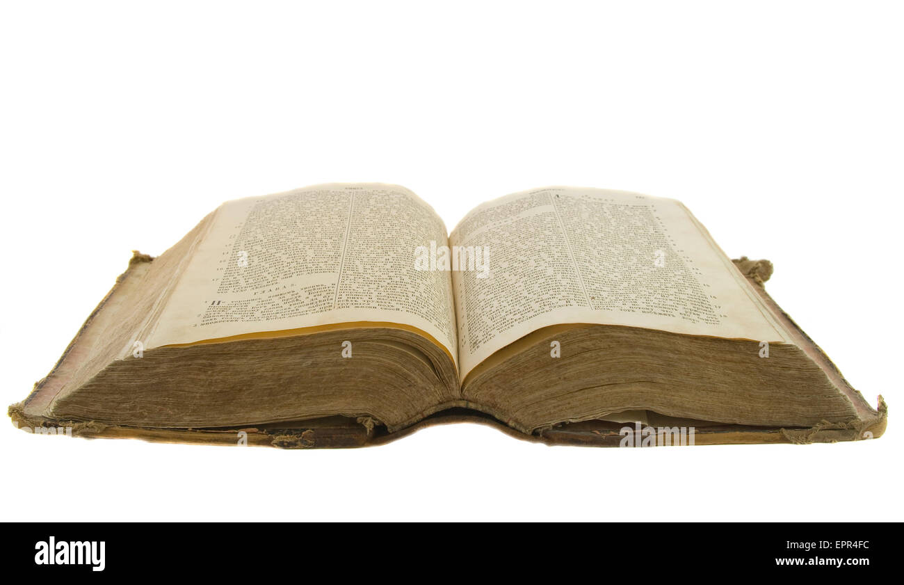 Vintage alte Buch Bibel zum Lesen isoliert auf weiss geöffnet Stockfoto