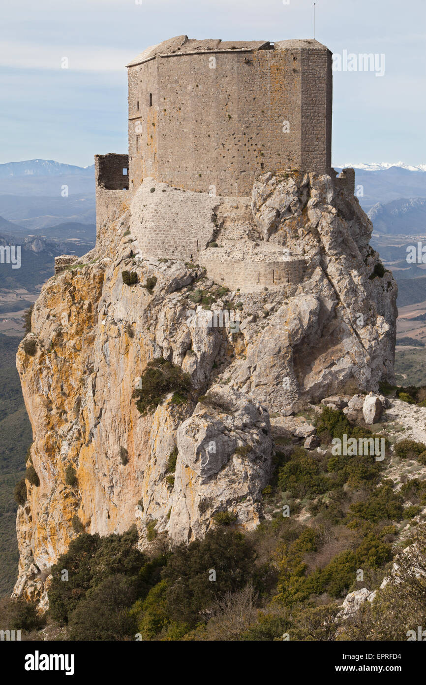 Katharer Burg von Queribus, Aude, Languedoc-Roussillon, Frankreich. Stockfoto