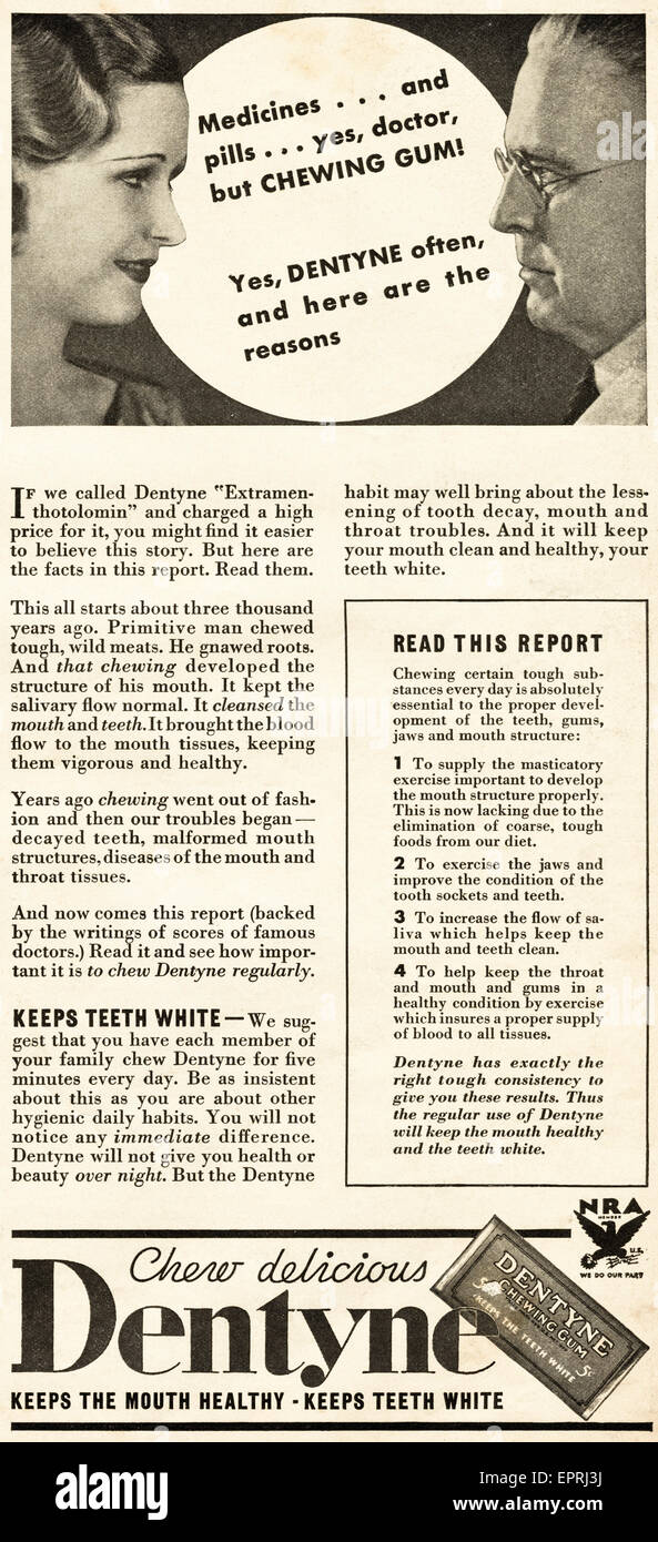 1930er Jahre Vintage American Magazin Anzeige vom November 1933 Werbung DENTYNE Kaugummi für gesunde Zähne Stockfoto