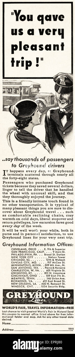 1930er Jahre Vintage American Magazin Anzeige vom November 1933 Werbung GREYHOUND Busse Stockfoto
