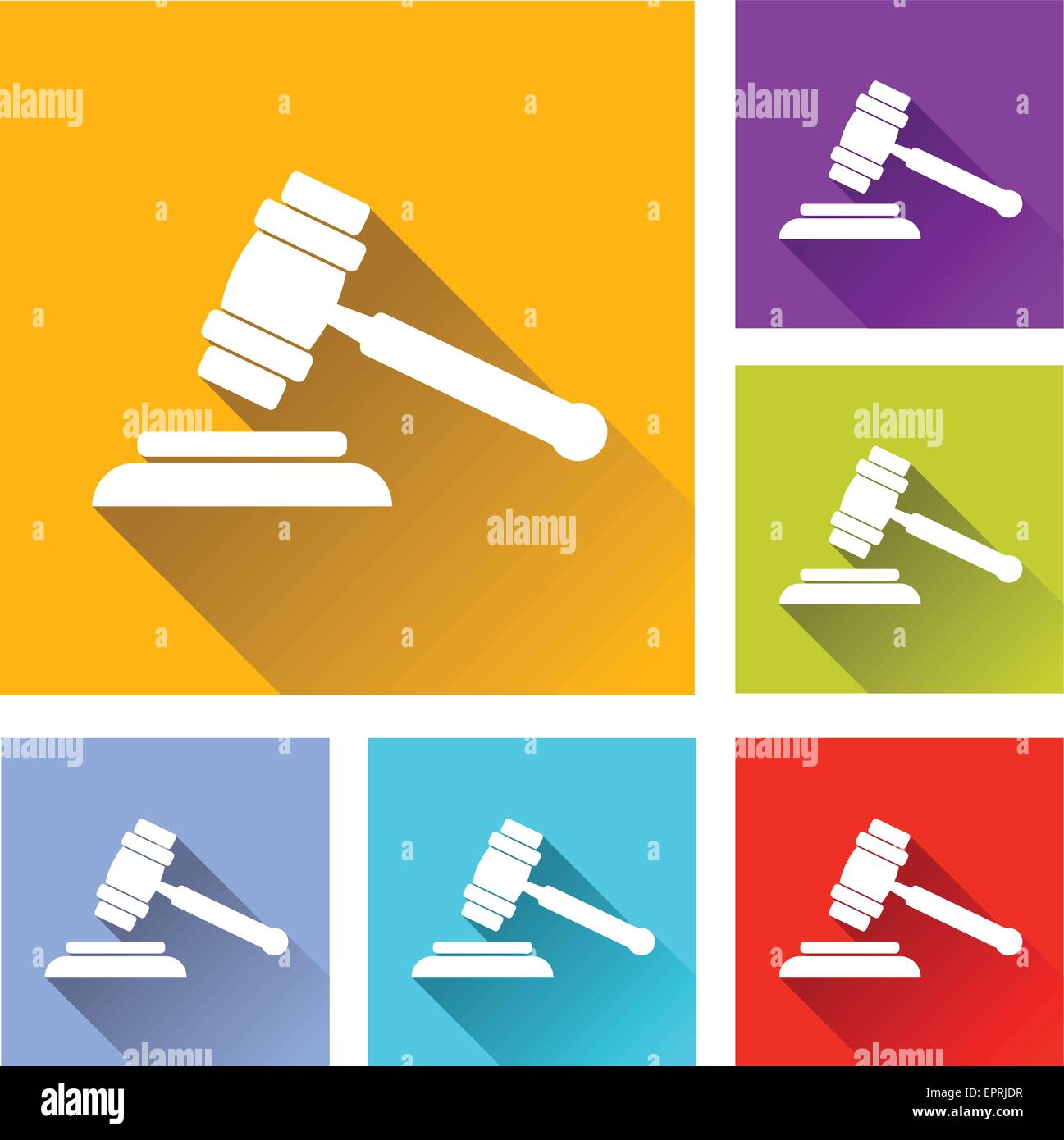 Abbildung des flachen Designs stellen Icons für Hammer der Gerechtigkeit Stock Vektor