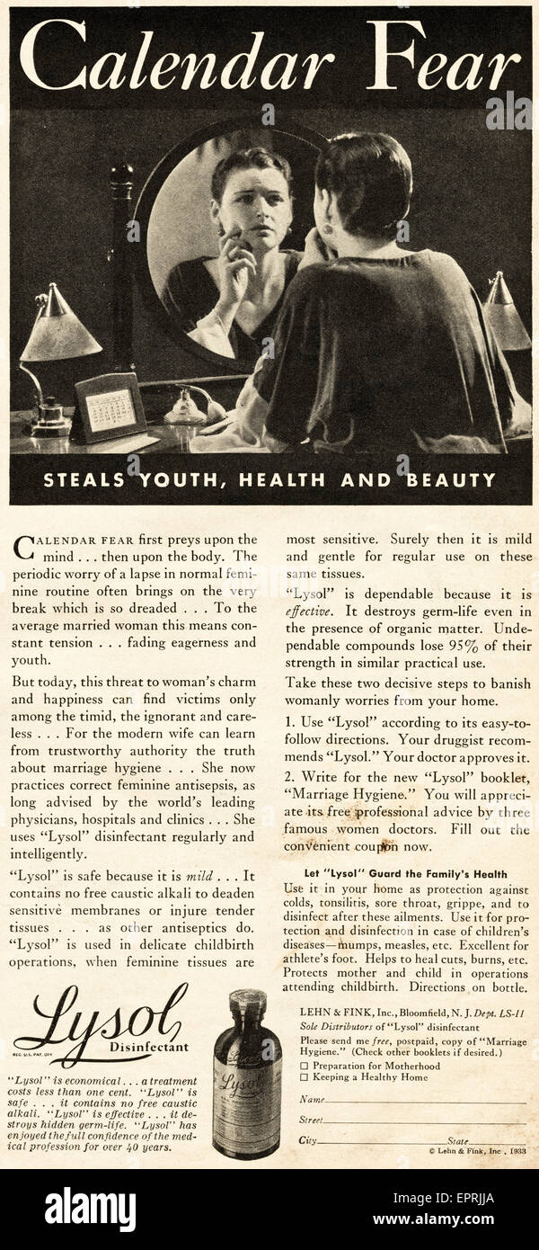 1930er Jahre Vintage American Magazin Anzeige vom November 1933 Werbung feminine LYSOL Desinfektionsmittel Stockfoto