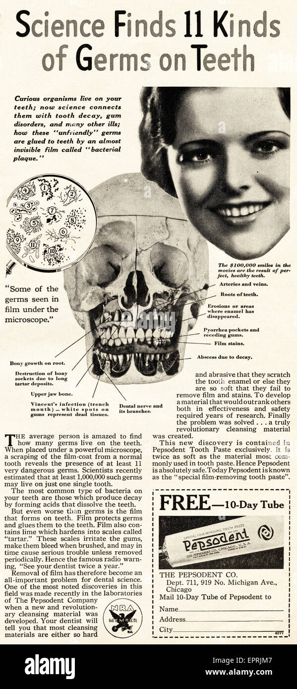 1930er Jahre Vintage American Magazin Anzeige vom November 1933 GRAFIKERIN Zahnpasta Werbung Stockfoto