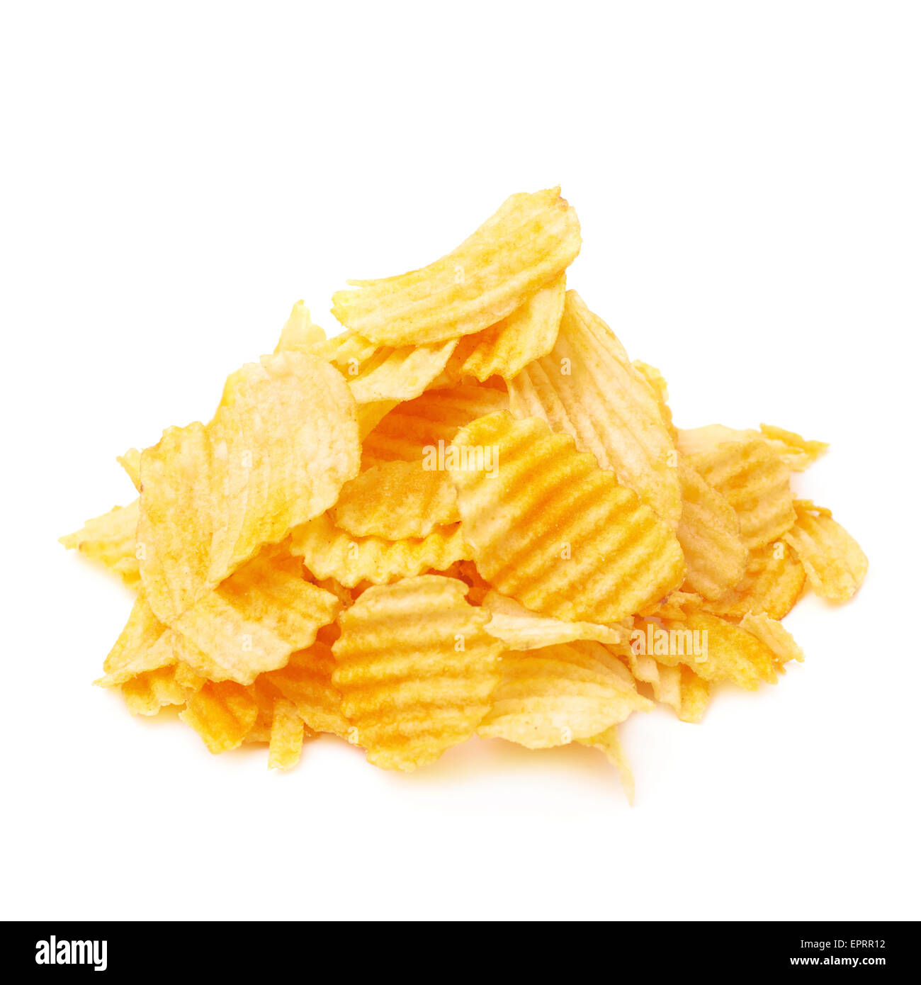 Haufen von mehreren Kartoffelchips isoliert Stockfoto