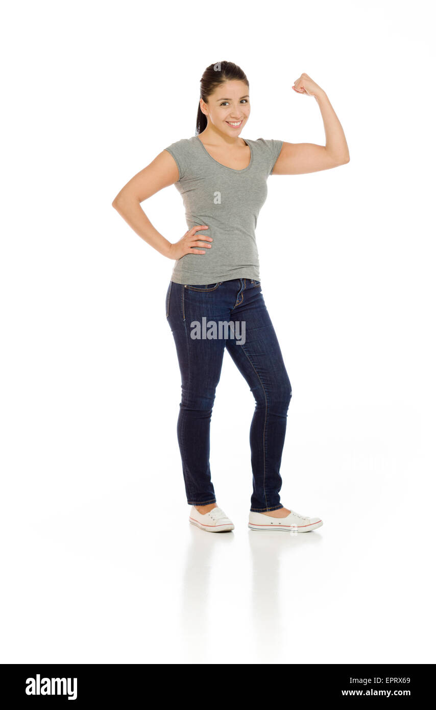 Modell auf einfarbigen Hintergrund im Studio Arm Curl isoliert Stockfoto
