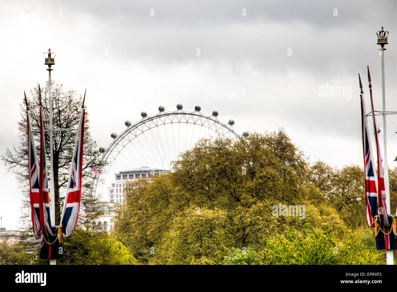 Blick auf das London Eye hinter den Bäumen in London, Großbritannien Stockfoto