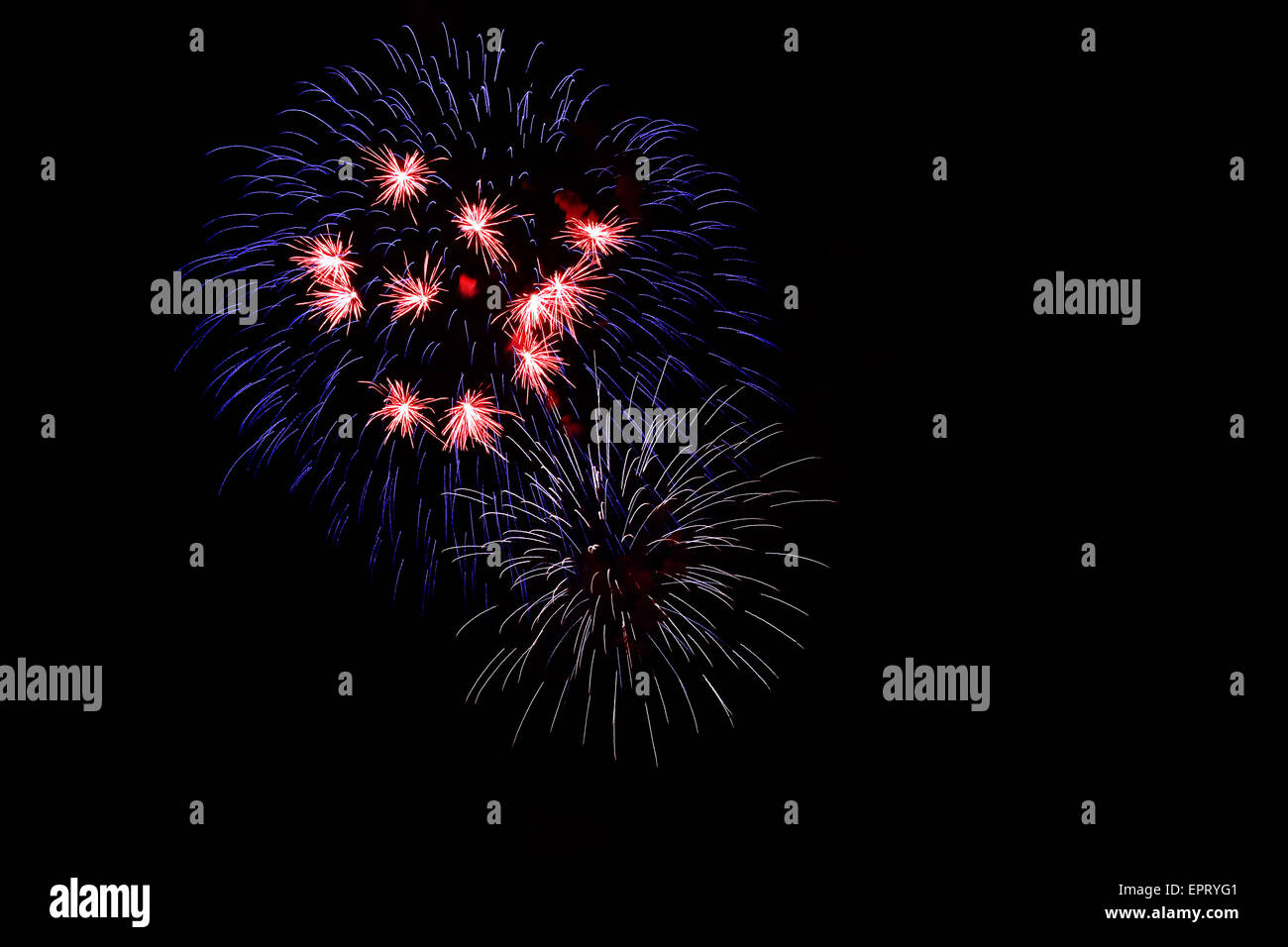 Feuerwerk in roten, blauen und weißen Farben auf dunklem Hintergrund, großes Symbol für die Nationalfarben der USA und Frankreich. Stockfoto