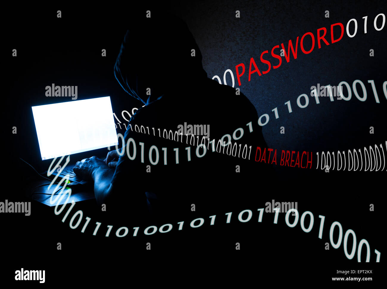 Schwarze Kapuzen Computer-Hacker stehlen persönliche Daten Stockfoto