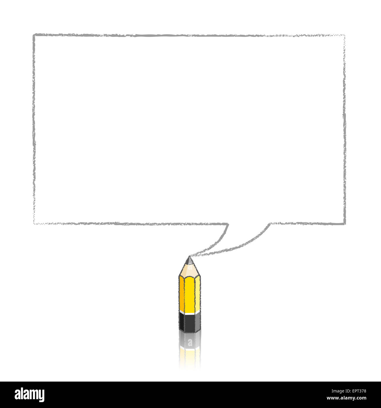 Führen Sie gelbe Bleistift mit Reflexion Zeichnung rechteckige Sprechblase auf weißem Hintergrund Stockfoto